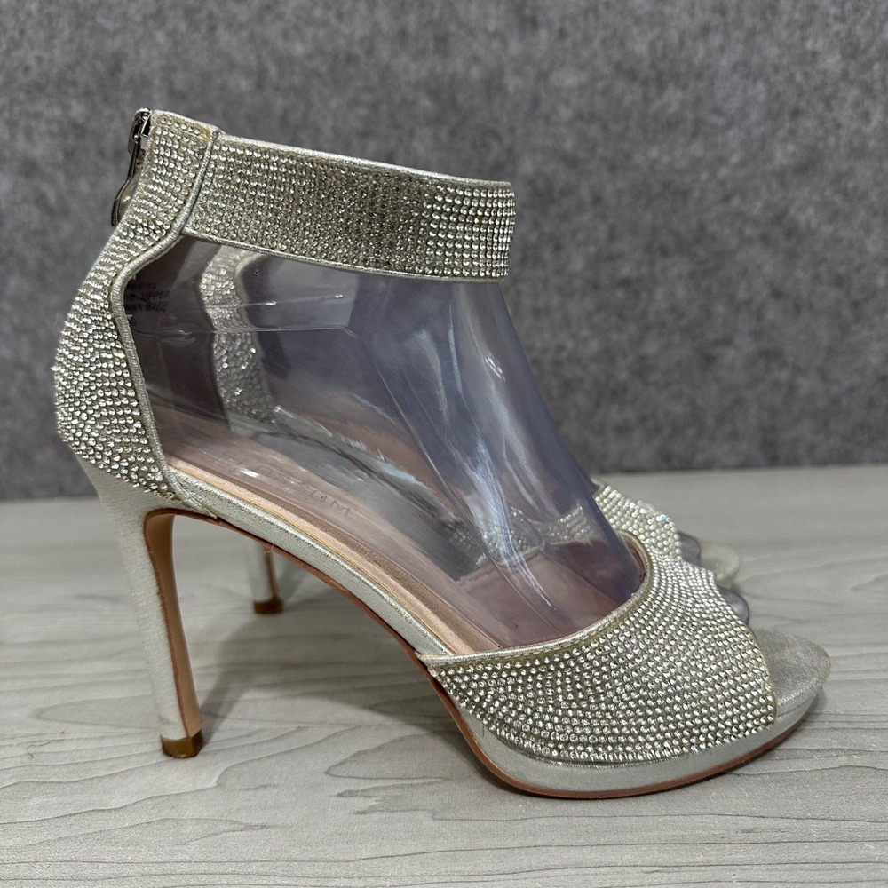 DE BLOSSOM COLLECTION Silver Rhinestone Open Toe Heels Size 6.5